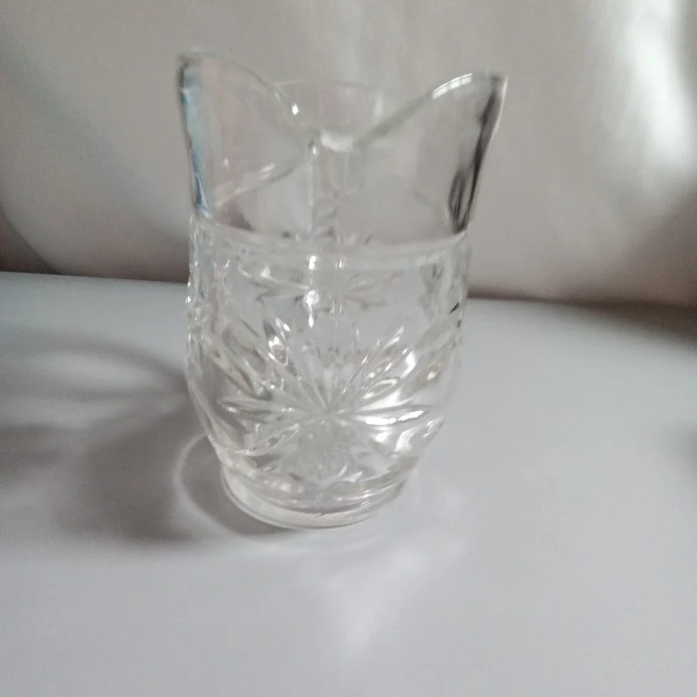 Vintage Clear Pressed Glass Starburst Small Pitcher Creamer with Notched Handle